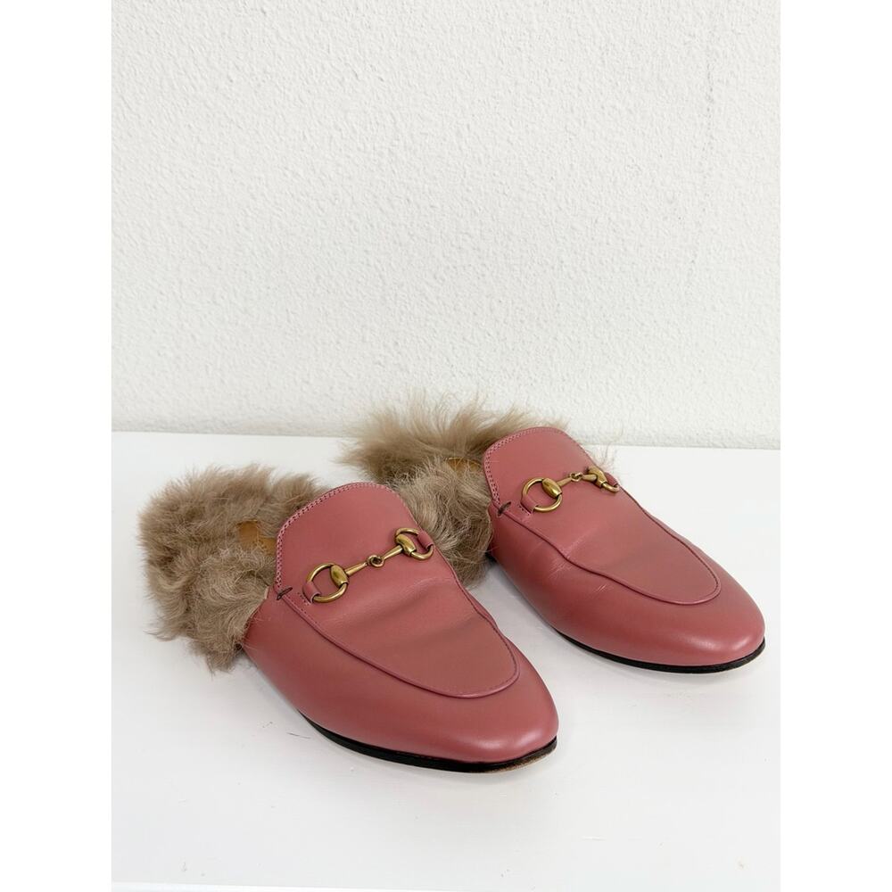 Gucci Princetown Pink Leather Fur Trim Horsebit Mules Size 37 - Picture 2 of 13